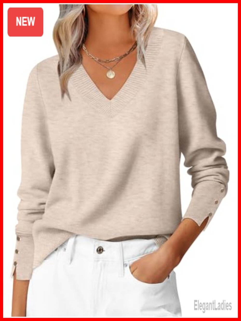 Womens V-Neck Ribbed Cuff Knit Pullover Sweater Long Sleeve